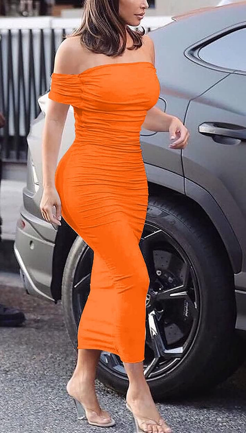 Women'S Ruched off Shoulder Short Sleeve Bodycon Midi Elegant Cocktail Party Dress Fluo Orange