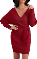Women'S V Neck Batwing Long Sleeve Sexy Backless Wrap Bodycon Cocktail Pullover Sweater Mini Dress with Belt