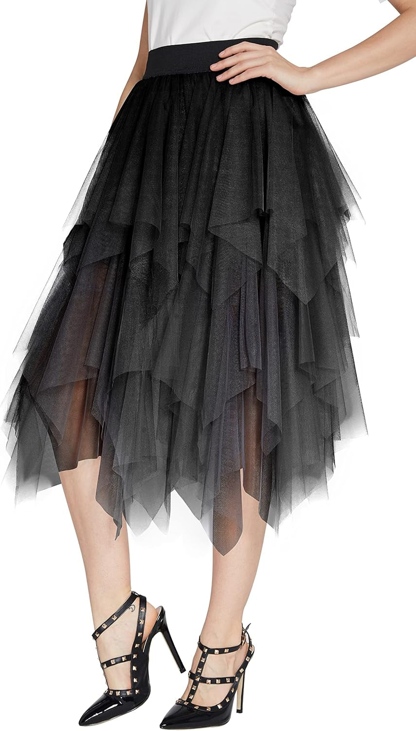 Women'S A-Line Mesh Tutu Skirt Fluffy Layered Tulle Midi Long Skirts with Elastic Waist