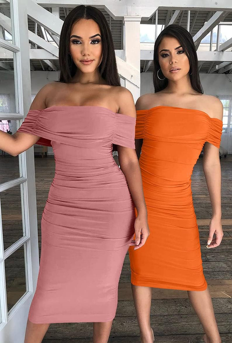 Women'S Ruched off Shoulder Short Sleeve Bodycon Midi Elegant Cocktail Party Dress Fluo Orange