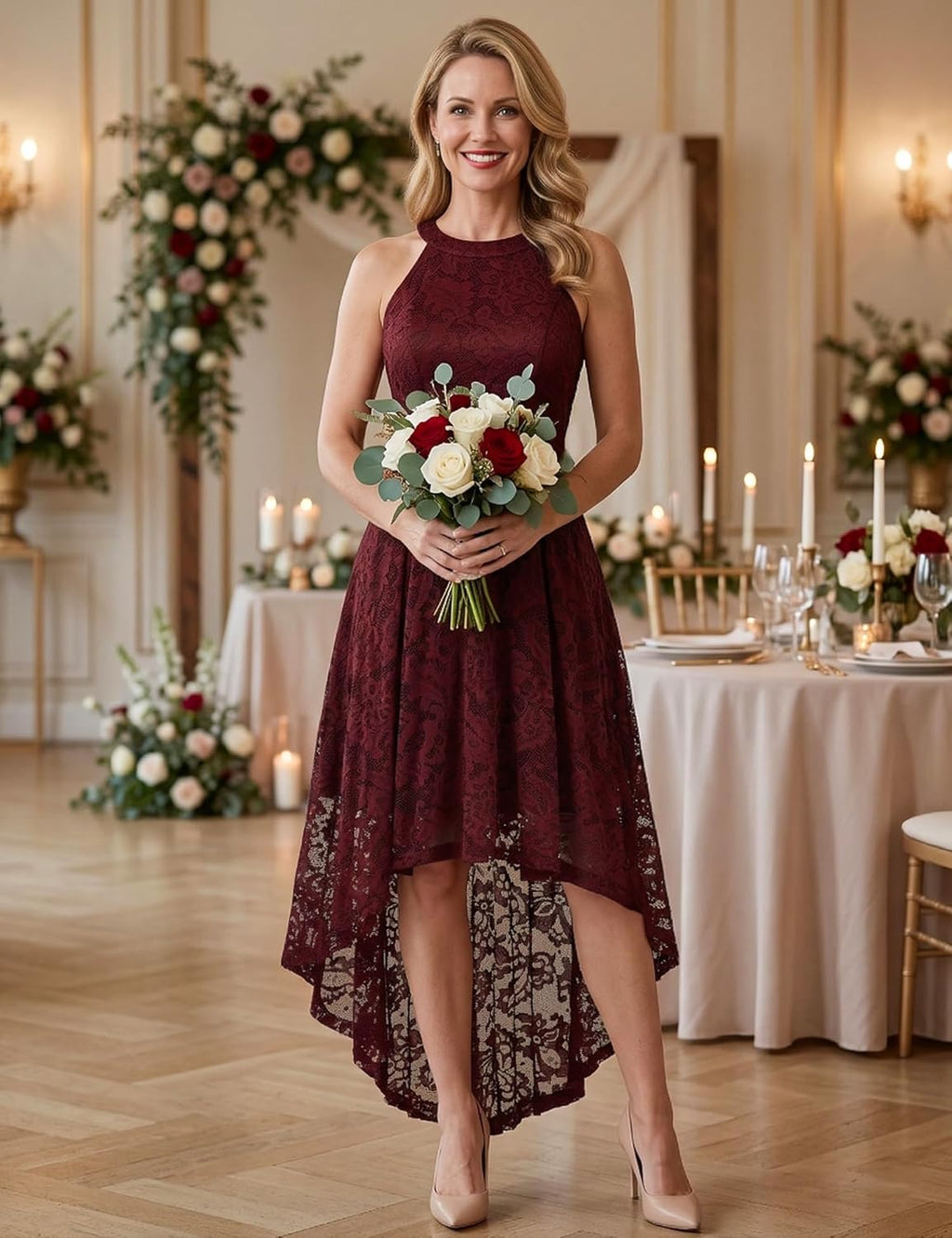 Women Halter Lace Wedding Guest Dress Hi-Lo Cocktail Party Bridesmaid Formal Dresses
