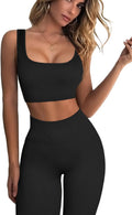 FAFOFA Women Padded Sports Bra Fitness Ribbed Workout Sexy Running Shirts Yoga 2 Piece Outfits Black L